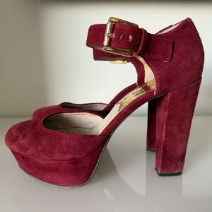 SIZE 39 - MICHAEL KORS SUEDE PLATFORM HEEL ANKLE STRAP MARY JANE CRANBERRY WINE